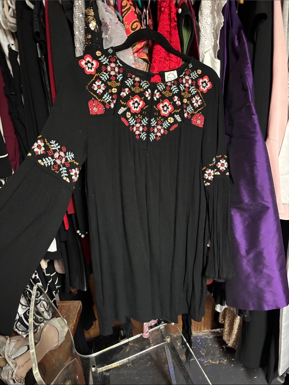 Blue Rain Black Embroidered Floral Boho Top
